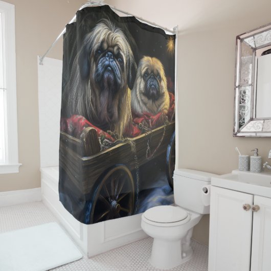 Pekingese Sneeuwslee Kerstdecoratie Douchegordijn (In situ)