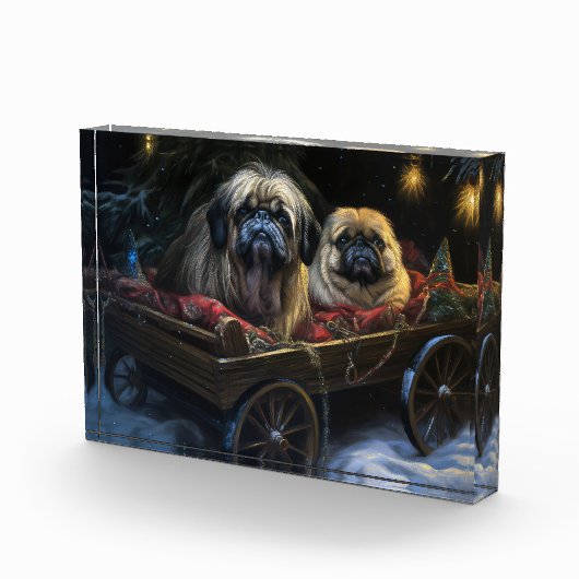 Pekingese Sneeuwslee Kerstdecoratie Fotoblokken (Rechts)