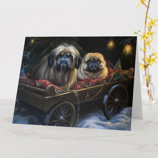 Pekingese Sneeuwslee Kerstdecoratie Kaart (Gele Bloem)