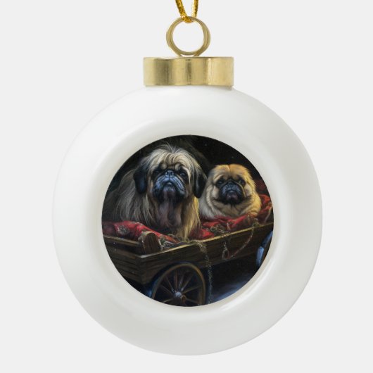 Pekingese Sneeuwslee Kerstdecoratie Keramische Bal Ornament (Voorkant)