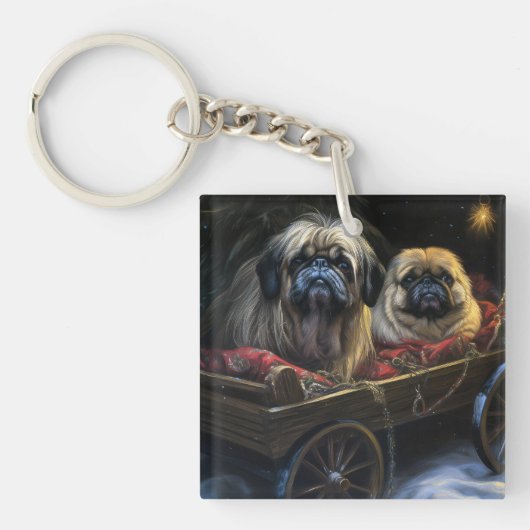 Pekingese Sneeuwslee Kerstdecoratie Sleutelhanger (Voorkant)