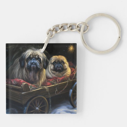 Pekingese Sneeuwslee Kerstdecoratie Sleutelhanger (Achterkant)