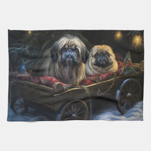 Pekingese Sneeuwslee Kerstdecoratie Theedoek (Horizontaal)