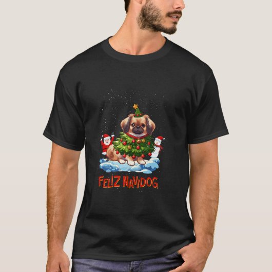Pekingese Vrolijke Kerstboom Lichten Hond X Mas Do T-shirt (Voorkant)