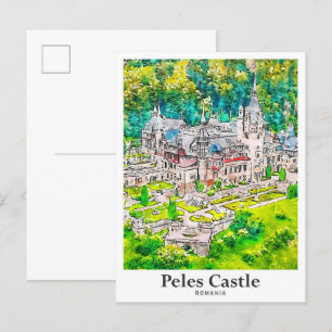 Peles Castle Roemenië Reizen Waterverf Hand geteke Briefkaart
