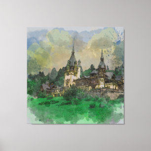 Peles Castle Roemenië Waterverf Canvas Afdruk