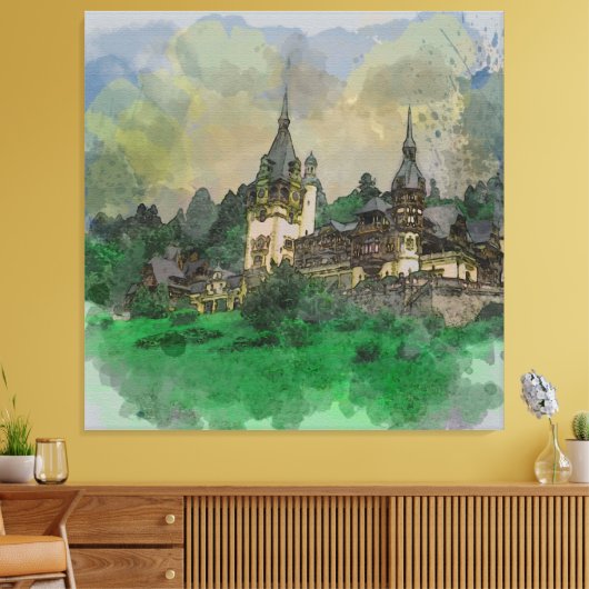 Peles Castle Roemenië Waterverf Canvas Afdruk (Insitu (Woonkamer))