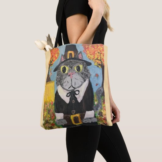 Pelgrim Folk Art Thanksgiving Katten Dubbele Zijde Tote Bag (Dichtbij)