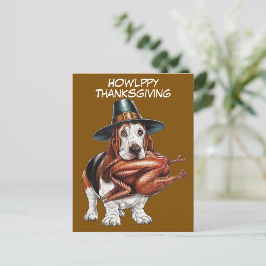 Pelgrim pet dragen Basset Hound Thanksgiving Briefkaart (Staand voorkant)