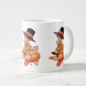 pelgrimjongen die op pompoen bidt grote koffiekop (Voorkant rechts)