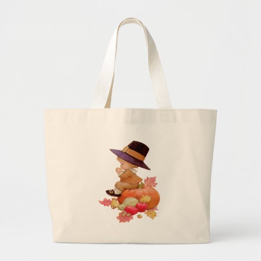  pelgrimjongen die op pompoen bidt grote tote bag (Voorkant)