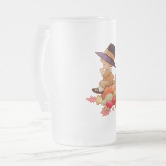  pelgrimjongen die op pompoen bidt matglas bierpul (Voorkant links)