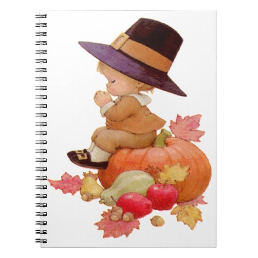  pelgrimjongen die op pompoen bidt notitieboek (Voorkant)