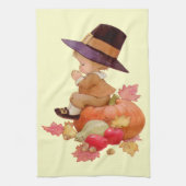 pelgrimjongen die op pompoen bidt theedoek (Verticaal)