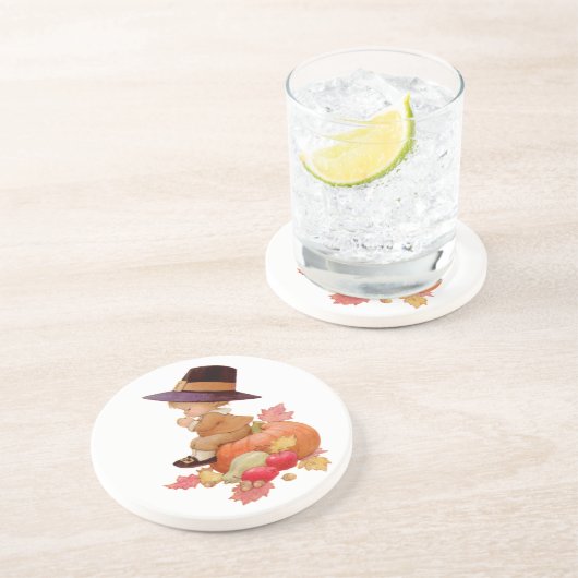  pelgrimjongen die op pompoen bidt zandsteen onderzetter (Zijkant)