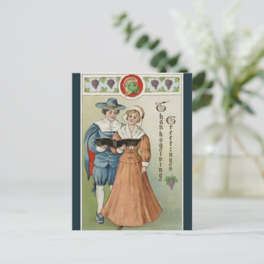  pelgrims delen een hymne Thanksgiving Briefkaart (Staand voorkant)