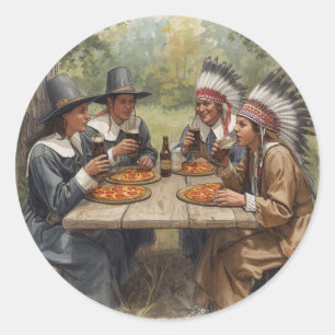 Pelgrims en Indianen Pepperoni Pizza Donker Bier Ronde Sticker