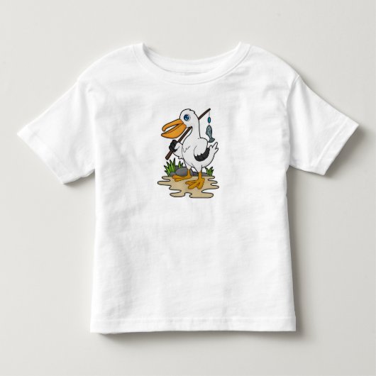 Pelican als Fisher met Geviste staaf en vis Kinder Shirts (Voorkant)