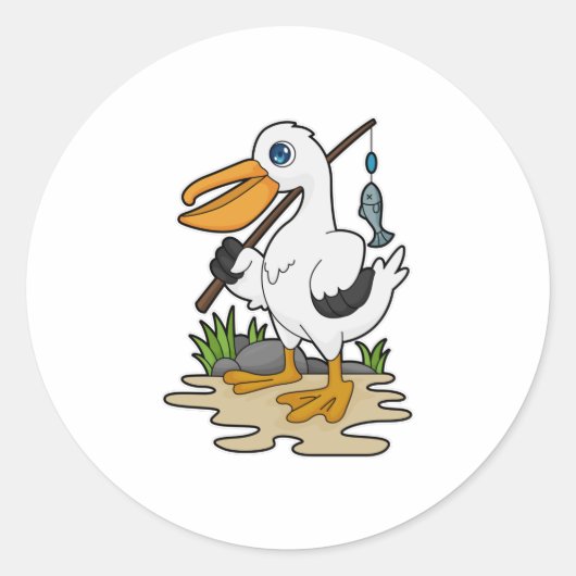 Pelican als Fisher met Geviste staaf en vis Ronde Sticker (Voorkant)
