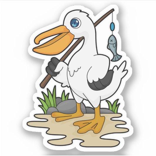 Pelican als Fisher met Geviste staaf en vis Sticker (Voorkant)