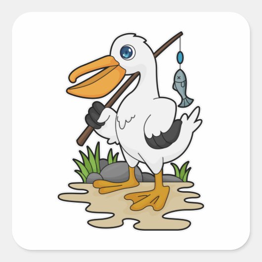 Pelican als Fisher met Geviste staaf en vis Vierkante Sticker (Voorkant)