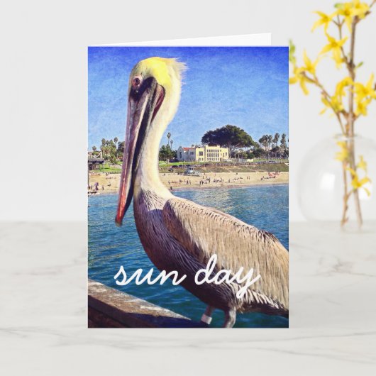 Pelican Beach Bird Foto Zondag Script Modern Kaart (Gele Bloem)