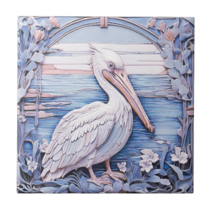 Pelican Bird Art Nouveau Faux Relief R Ocean Blue Tegeltje