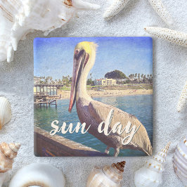 Pelican Bird Ocean Beach Pier Foto Zondag Quote Stenen Onderzetter