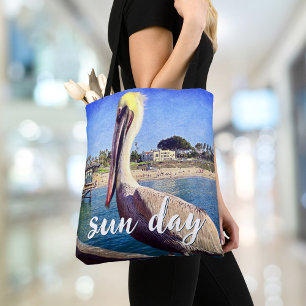 Pelican Bird Ocean Beach Pier Foto Zondag Quote Tote Bag