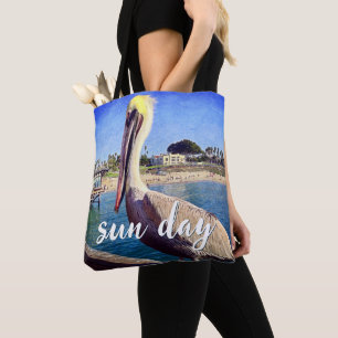 Pelican Bird Ocean Beach Pier Foto Zondag Quote Tote Bag