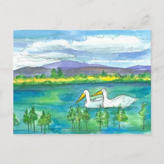 Pelican Birds Desert Mountain Lake Waterverf Briefkaart (Voorkant)