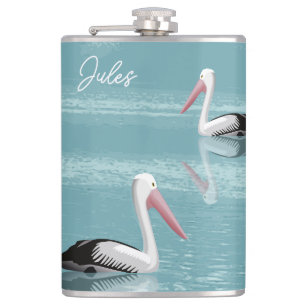Pelican Couple Paddling Calm Aqua Water Toevoegen Heupfles