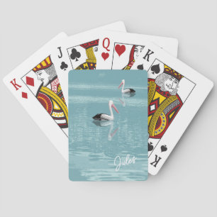 Pelican Couple Paddling Calm Aqua Water Toevoegen Pokerkaarten