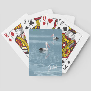 Pelican Couple Paddling Calm Blue Water Toevoegen Pokerkaarten