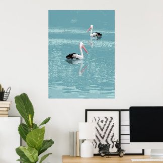 Pelican Couple Paddling op rustig aquawater Poster