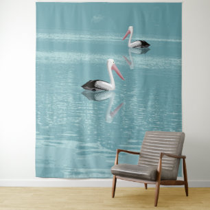 Pelican Couple Paddling op rustig aquawater Wandkleed