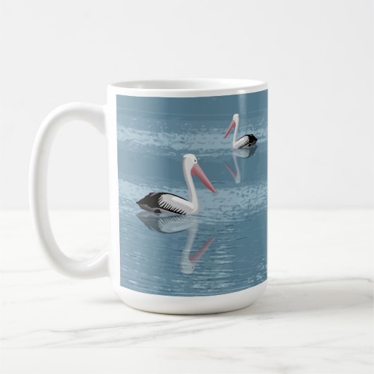 Pelican Couple Paddling op rustig blauw water Koffiemok (Links)