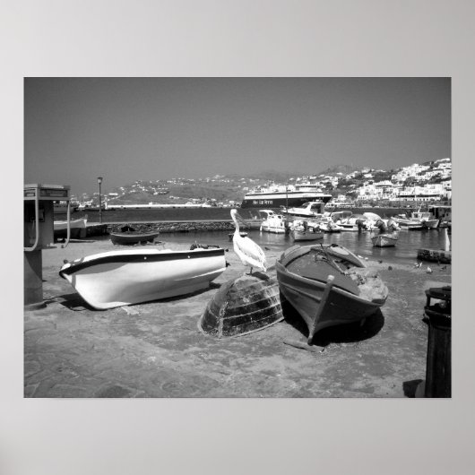 Pelican en Boats (zwart en wit) Poster (Voorkant)