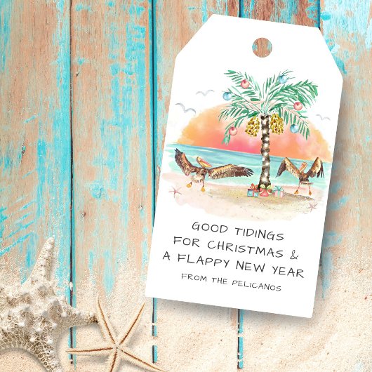 Pelican en Palm Tree tropische kerstmis Cadeaulabel