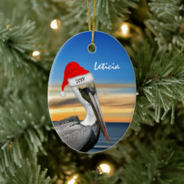Pelican in Kerstmis in Santa Hat Keramisch Ornament