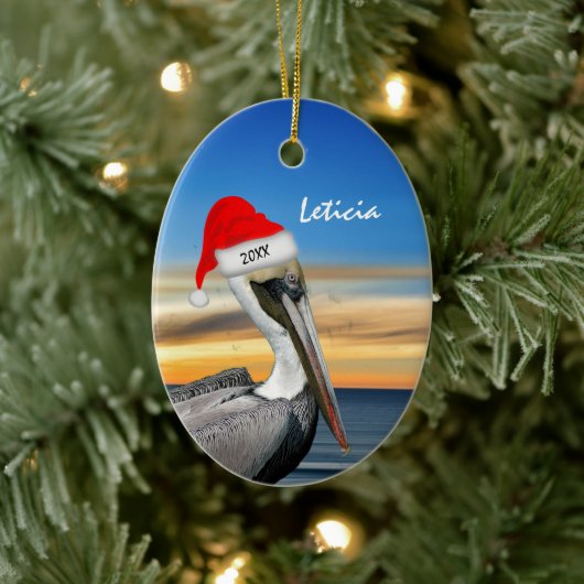 Pelican in Kerstmis in Santa Hat Keramisch Ornament (Boom)