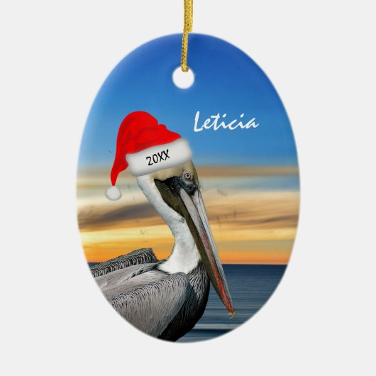 Pelican in Kerstmis in Santa Hat Keramisch Ornament (Voorkant)