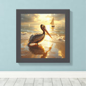 Pelican in the morning glow of sunrise canvas afdruk (Insitu (Houten vloer))