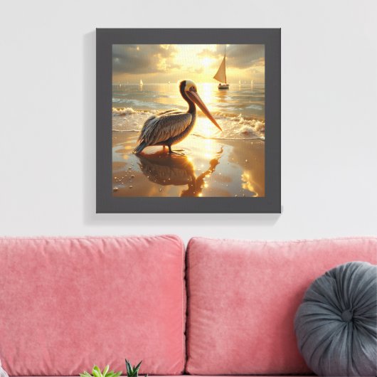 Pelican in the morning glow of sunrise canvas afdruk (Insitu (Woonkamer))