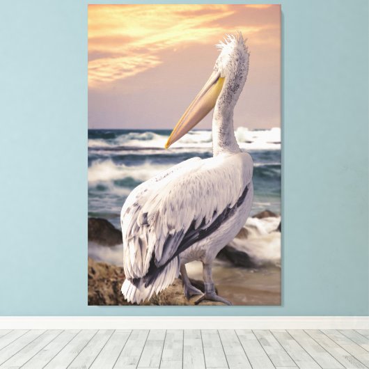 Pelican Ocean Beach Waves Sunset Canvas Afdruk (Insitu (Houten vloer))