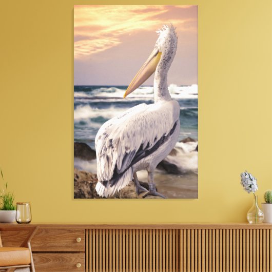 Pelican Ocean Beach Waves Sunset Canvas Afdruk (Insitu (Woonkamer))