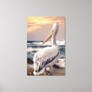 Pelican Ocean Beach Waves Sunset Canvas Afdruk