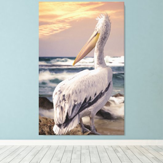 Pelican Ocean Beach Waves Sunset Canvas Afdruk (Insitu (Houten vloer))