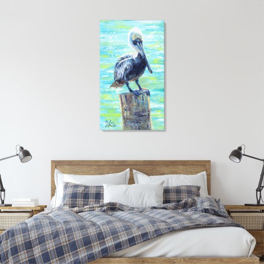 "Pelican on a Pole" Galerij met platte doek Afdruk Canvas Afdruk (Insitu (Slaapkamer))