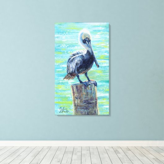 "Pelican on a Pole" Galerij met platte doek Afdruk Canvas Afdruk (Insitu (Houten vloer))
